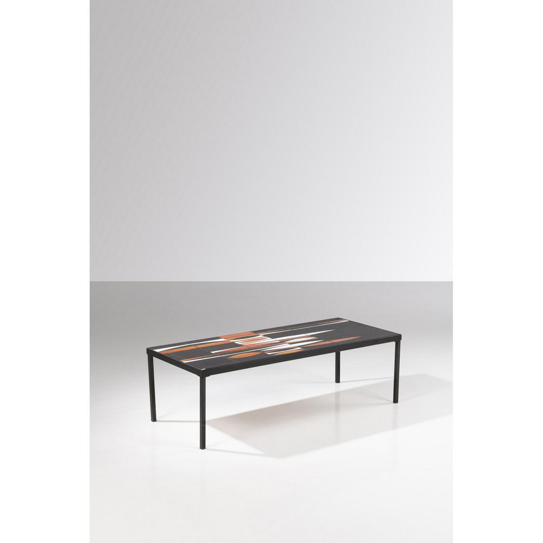 Roger Capron (1922-2006) 'Navette' decorated coffee: Roger Capron (1922-2006)'Navette' decorated coffee tableGlazed ceramic and lacquered metalSigned 'R. Capron' on the bottom left of the tabletopCreation date: circa 1960H 37 × L 121 × P 51 cm
