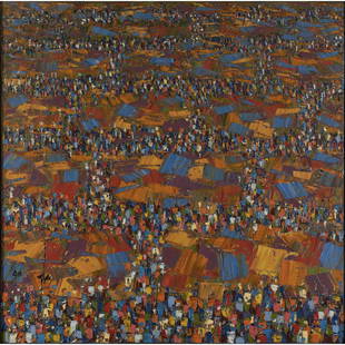 Ablade Glover (né en 1934, Ghana) Sans titre: Ablade Glover (né en 1934, Ghana)Sans titre (Scène de marché), 1990Huile sur toileSigné, daté "glo 90" en bas à gauche. Numéroté "240" au verso101 × 101