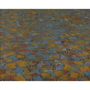 Ablade Glover (né en 1934, Ghana) Sans titre: Ablade Glover (né en 1934, Ghana)Sans titre (Scène de marché), 1991Huile sur toileSigné, daté "glo 91" en bas à gauche. Numéroté "150" au dos60 × 75