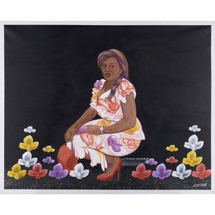Chéri Samba (né en 1956, Congo) La Femme: Chéri Samba (né en 1956, Congo)La Femme orchidée, 2003Huile et paillettes sur toileSigné, daté "CHERI SAMBA D. 2003" en bas à droite120 × 150 cm--ProvenanceAguttes,