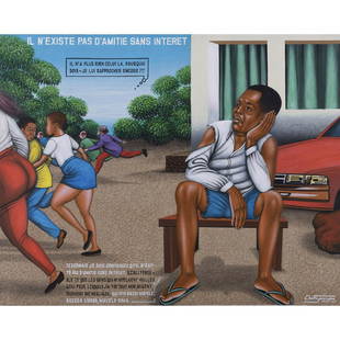 Chéri Samba (Né en 1956, Congo) Il n'existe: Chéri Samba (Né en 1956, Congo)Il n'existe pas d'amitié sans intérêt, 1997Technique mixte sur toileSigné et daté "Chéri SAMBA JANV. 97" en bas à droite80