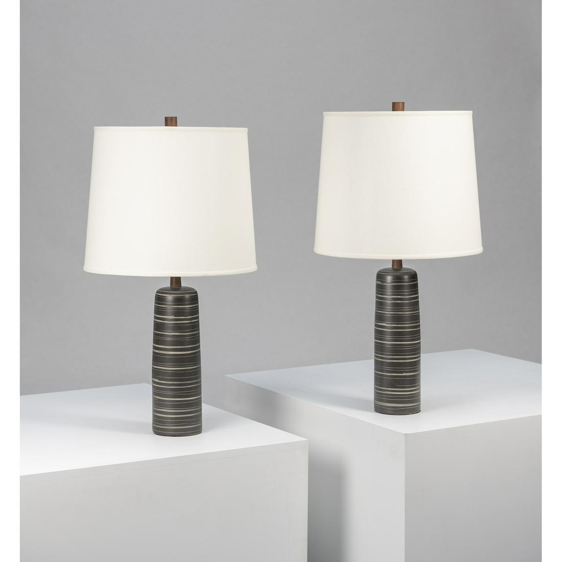 Jane & Gordon Martz (20th c.) Pair of table lamps: Jane & Gordon Martz (20th c.)Pair of table lampsCeramic, walnut, brass and fabricEdited by Marshall Studios Engraved 'Martz'Creation date: circa 1960H 81 × Ø 43 cm