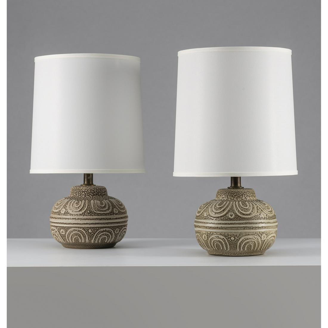 Lee Rosen (20th c.) for Design Technics (20th c.) Pair: Lee Rosen (20th c.) for Design Technics (20th c.)Pair of table lampsCeramic, brass and fabricCreation date: circa 1950H 51 × Ø 30,5 cm