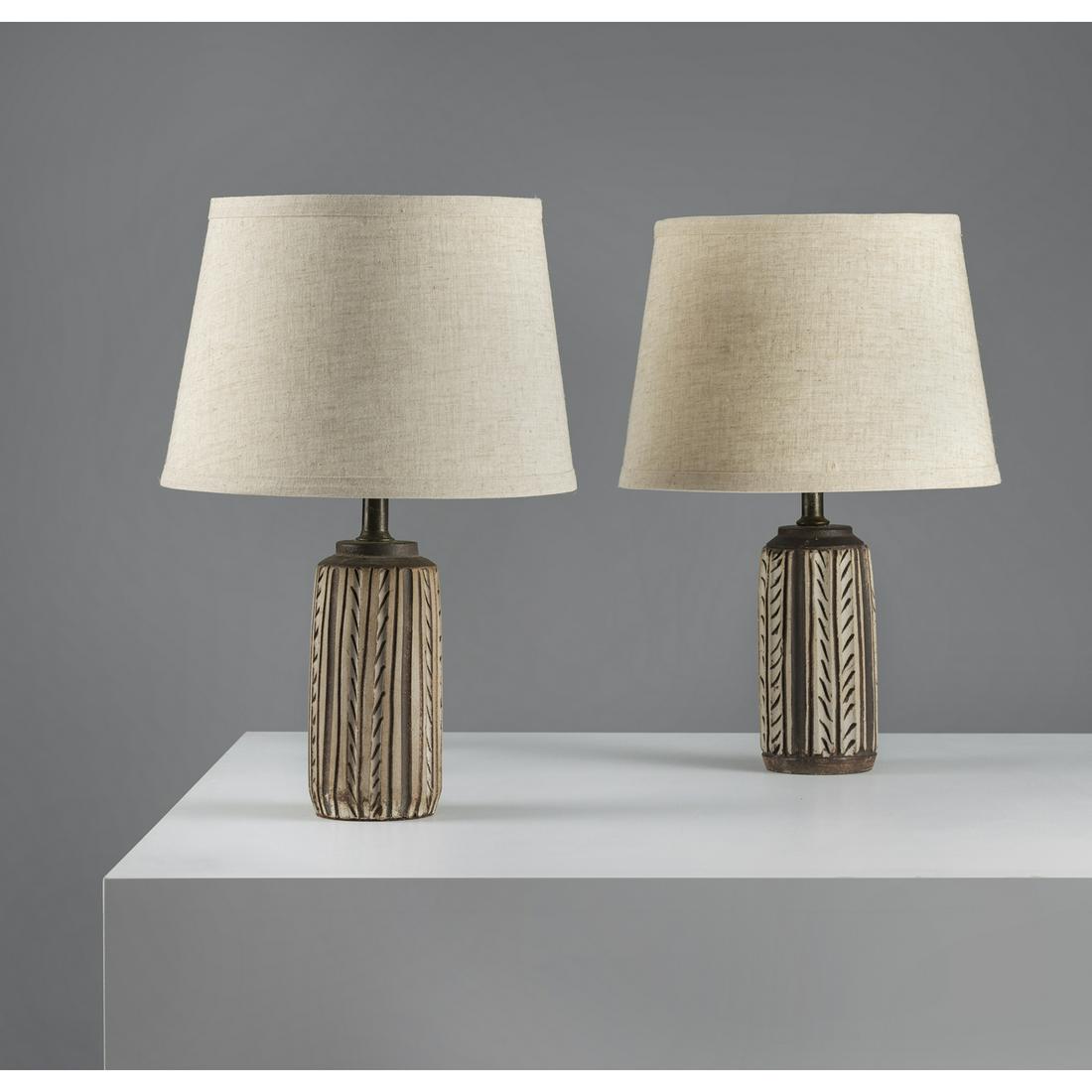 Nancy Wickham (born 1923) for Design Technics (20th c.): Nancy Wickham (born 1923) for Design Technics (20th c.)Pair of table lampsCeramic, brass and fabricOne signed by the artistCreation date: 1947H 38 × Ø 25,5 cm