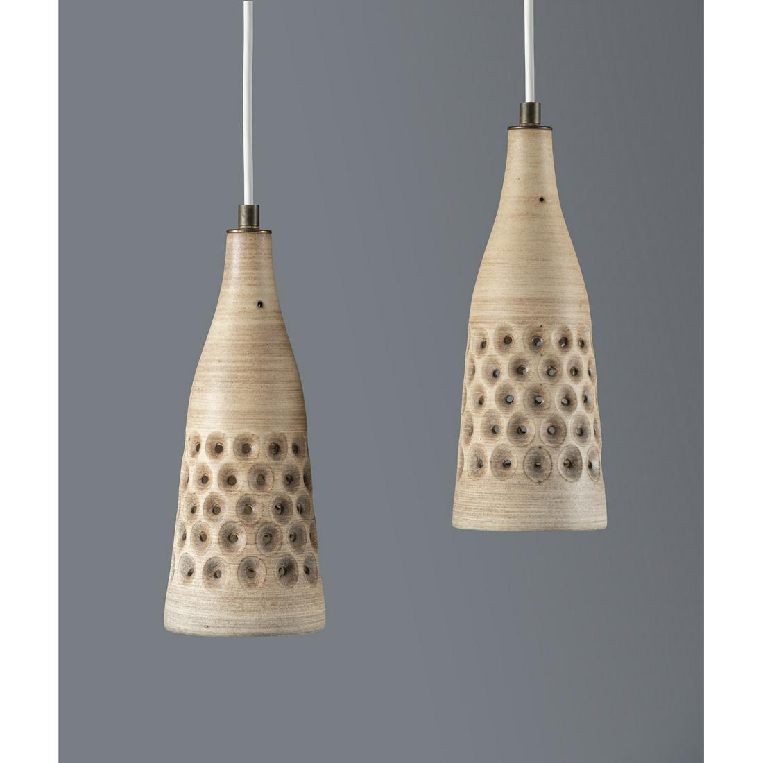 Lee Rosen (20th c.) for Design Technics (20th c.) Pair: Lee Rosen (20th c.) for Design Technics (20th c.)Pair of suspensionsCeramic and brassCreation date: circa 1960H 39,5 × Ø 14 cm