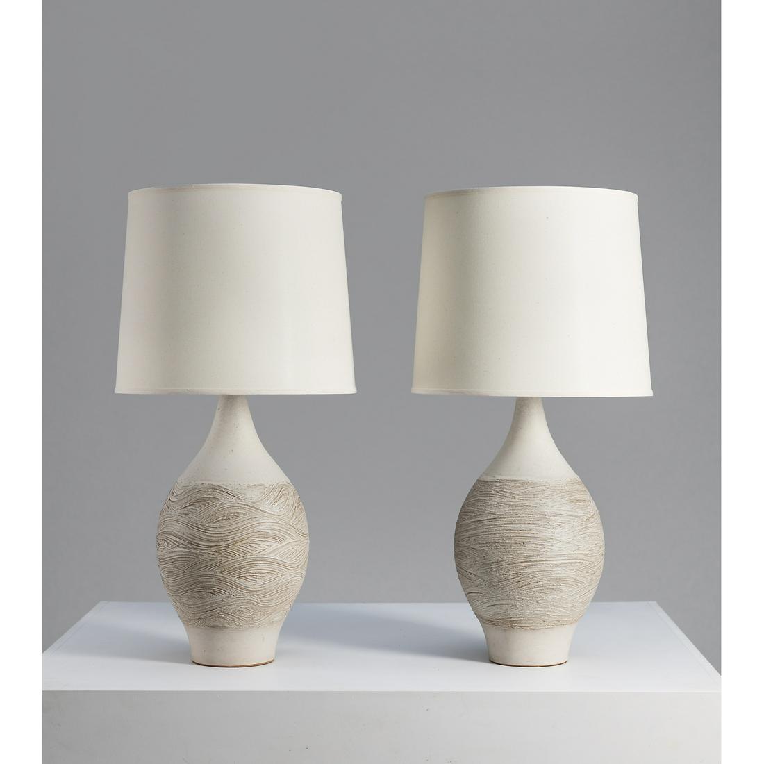 Lee Rosen (20th c.) for Design Technics (20th c.) Pair: Lee Rosen (20th c.) for Design Technics (20th c.)Pair of table lampsCeramic, brass and fabricCreation date: circa 1960H 86 × Ø 43 cm