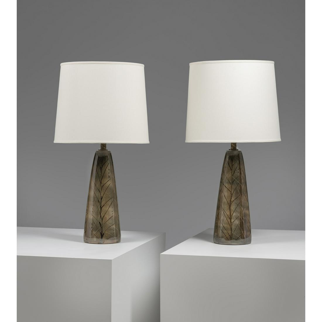 Nancy Wickham (born 1923) for Design Technics (20th c.): Nancy Wickham (born 1923) for Design Technics (20th c.)Pair of table lampsCeramic, brass and fabricSigned by the artistCreation date: circa 1950H 82 × Ø 40,5 cm