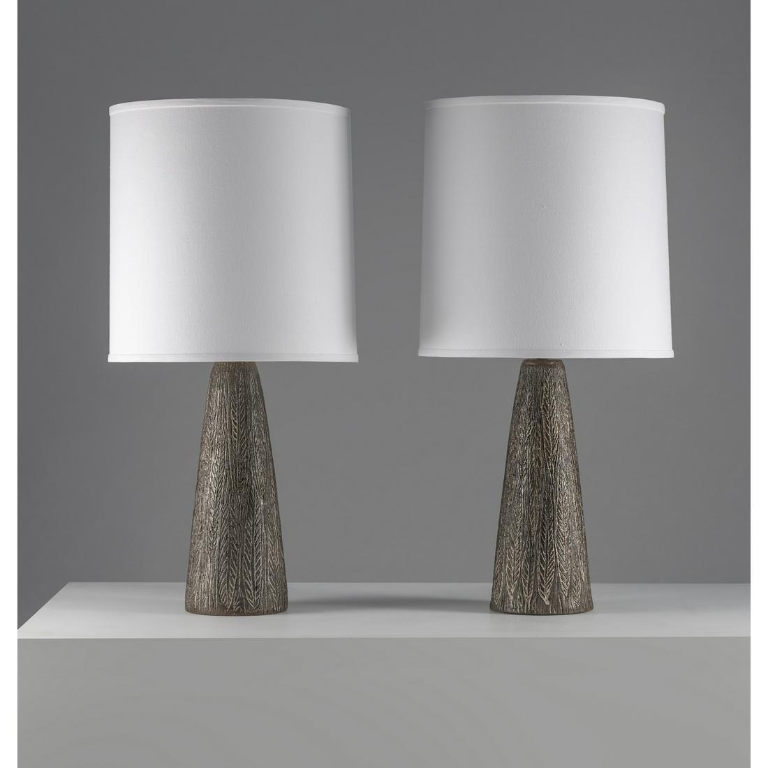 Nancy Wickham (born 1923) for Design Technics (20th c.): Nancy Wickham (born 1923) for Design Technics (20th c.) Pair of table lampsCeramic, brass and fabricSigned by the artistCreation date: 1947H 82,5 × Ø 43 cm