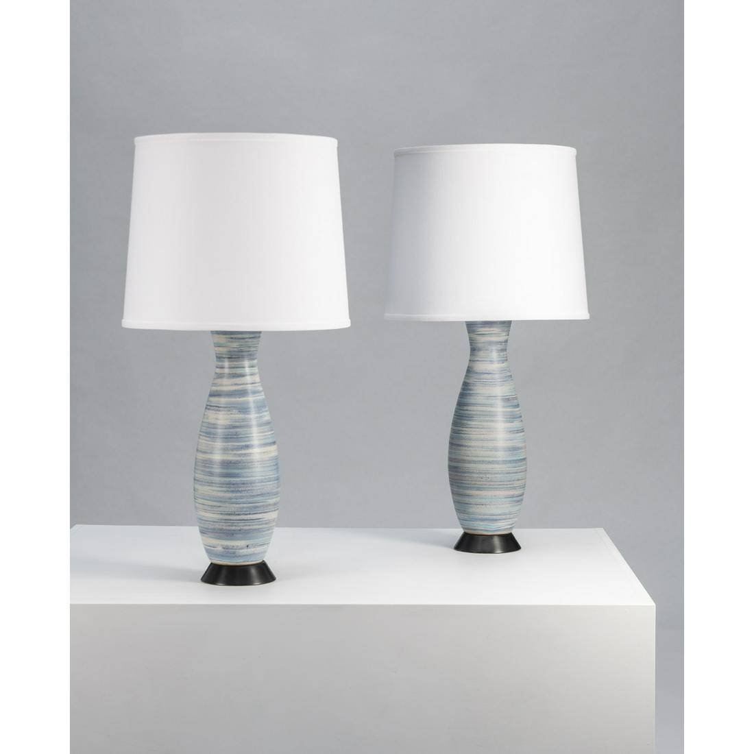 Lee Rosen (20th c.) for Design Technics (20th c.) Pair: Lee Rosen (20th c.) for Design Technics (20th c.)Pair of table lampsCeramic, brass and fabricCreation date: circa 1950H 85,5 × Ø 43 cm