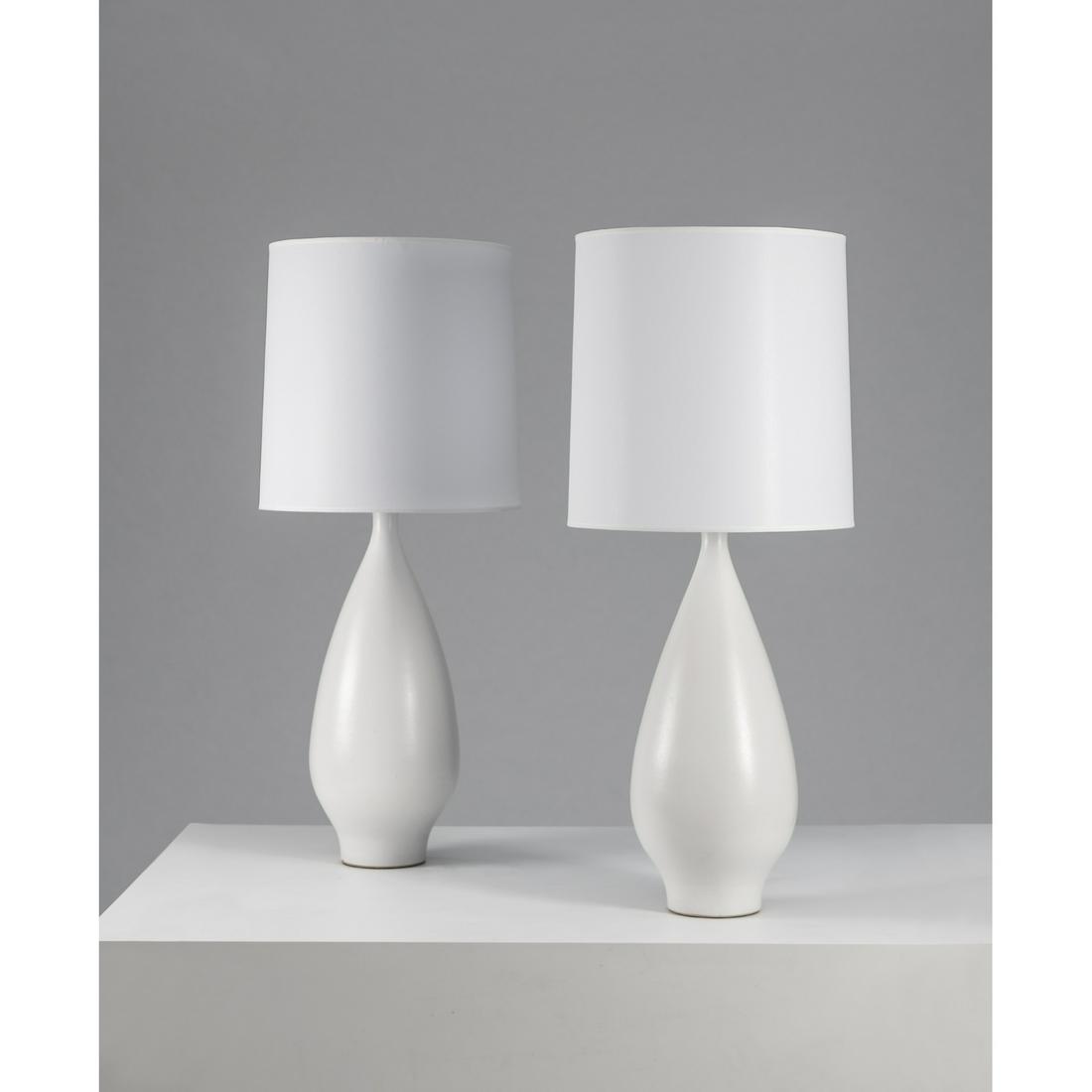 Lee Rosen (20th c.) for Design Technics (20th c.) Pair: Lee Rosen (20th c.) for Design Technics (20th c.)Pair of table lampsCeramic, brass and fabricManufacturer's cartoucheCreation date: circa 1960H 99 × Ø 40,5 cm