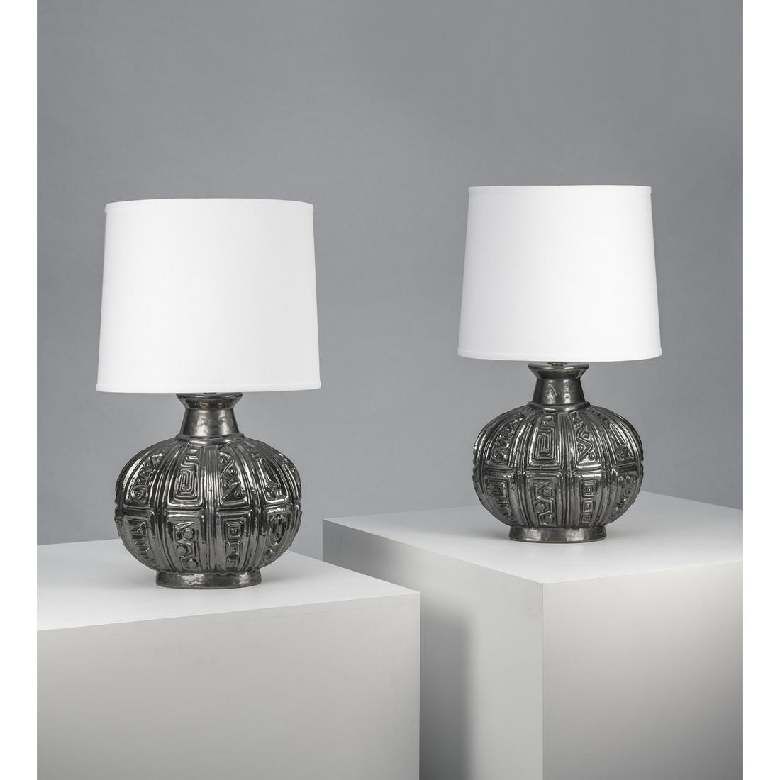 Lee Rosen (20th c.) for Design Technics (20th c.) Pair: Lee Rosen (20th c.) for Design Technics (20th c.)Pair of table lampsCeramic, brass and fabricCreation date: circa 1960H 76 × Ø 43 cm