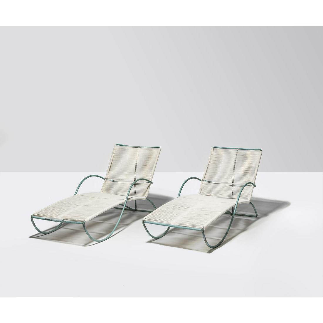 Walter Lamb (20th c.) Pair of chaises longues: Walter Lamb (20th c.)Pair of chaises longuesBronze and cottonEdited by Brown JordanCreation date: 1952H 84×L 68,5×P 160cm