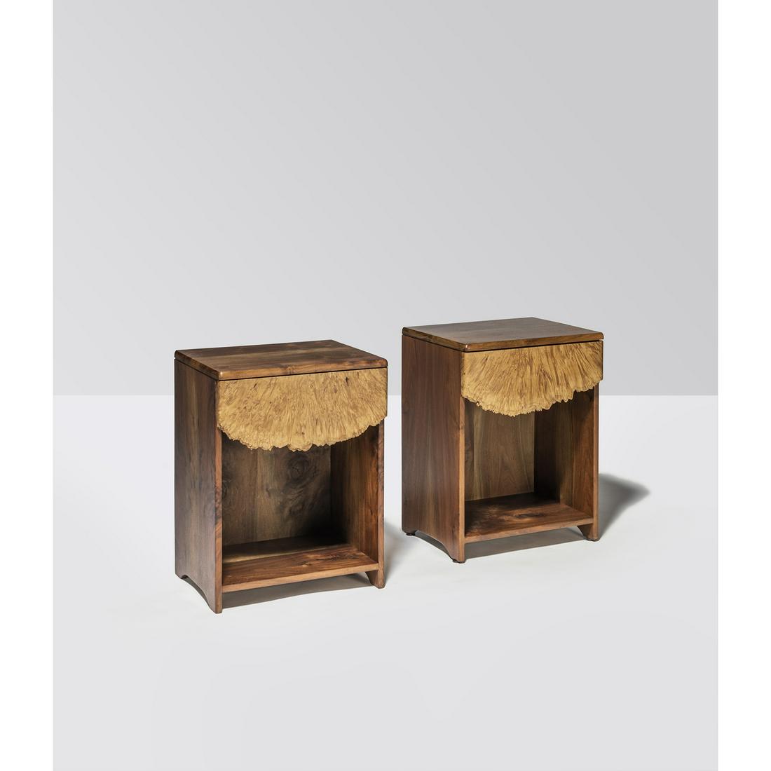 Michael Elkan (1942-2014) Pair of side tables - Unique: Michael Elkan (1942-2014)Pair of side tables - Unique pieceMaple burl and walnutSigned and datedCreation date: 1988H 61 × L 45,5 × P 38 cmSpecial order for Mr. & Mrs. Marinda and Harry Schwa