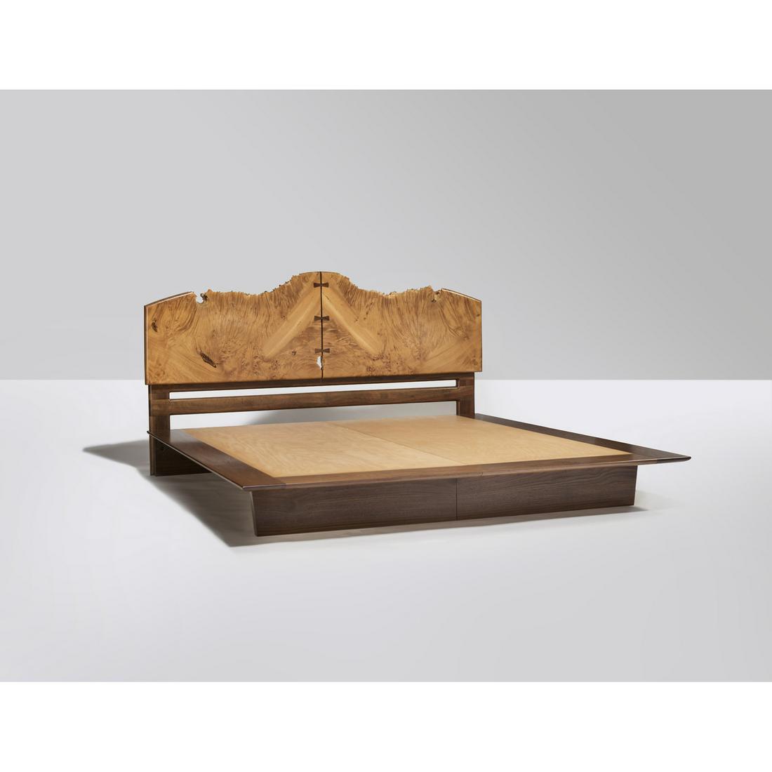 Michael Elkan (1942-2014) Bed - Unique piece: Michael Elkan (1942-2014)Bed - Unique pieceMaple burl and walnutSigned and datedCreation date: 1988H 114,5 × L 206 × P 221 cmSpecial order for Mr. & Mrs. Marinda and Harry Schwartz, Bethesda