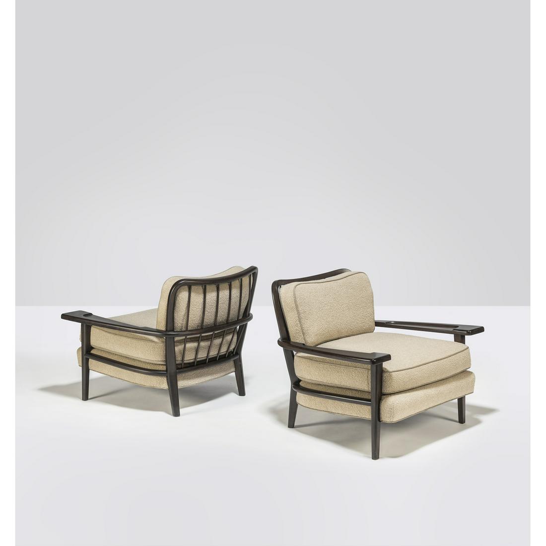 Paul Laszlo (1900-1993) Pair of armchairs: Paul Laszlo (1900-1993)Pair of armchairsWalnut and fabricCreation date: circa 1940H 68,5 × L 89 × P 73,5 cmSpecially designed for Laszlo Inc