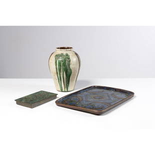 French production (20th c.) and Fernand Rumebe: French production (20th c.)and Fernand Rumebe (1875-1952)Set with vase, cigarette box and dish, circa 1930-1940Glazed ceramic, brass, mahogany, malachite inlay and Auteuil enameled ceramicGilded