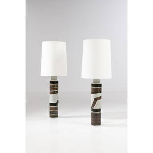 Inger Persson (born in 1936) Model no. 8437: Inger Persson (born in 1936)Model no. 8437Pair of lampsGlazed ceramicEdited by RörstrandManufacturer's stamp, inscribed with 'ATEIJE SWEDEN' and numbered '8437' under each baseModel created circa