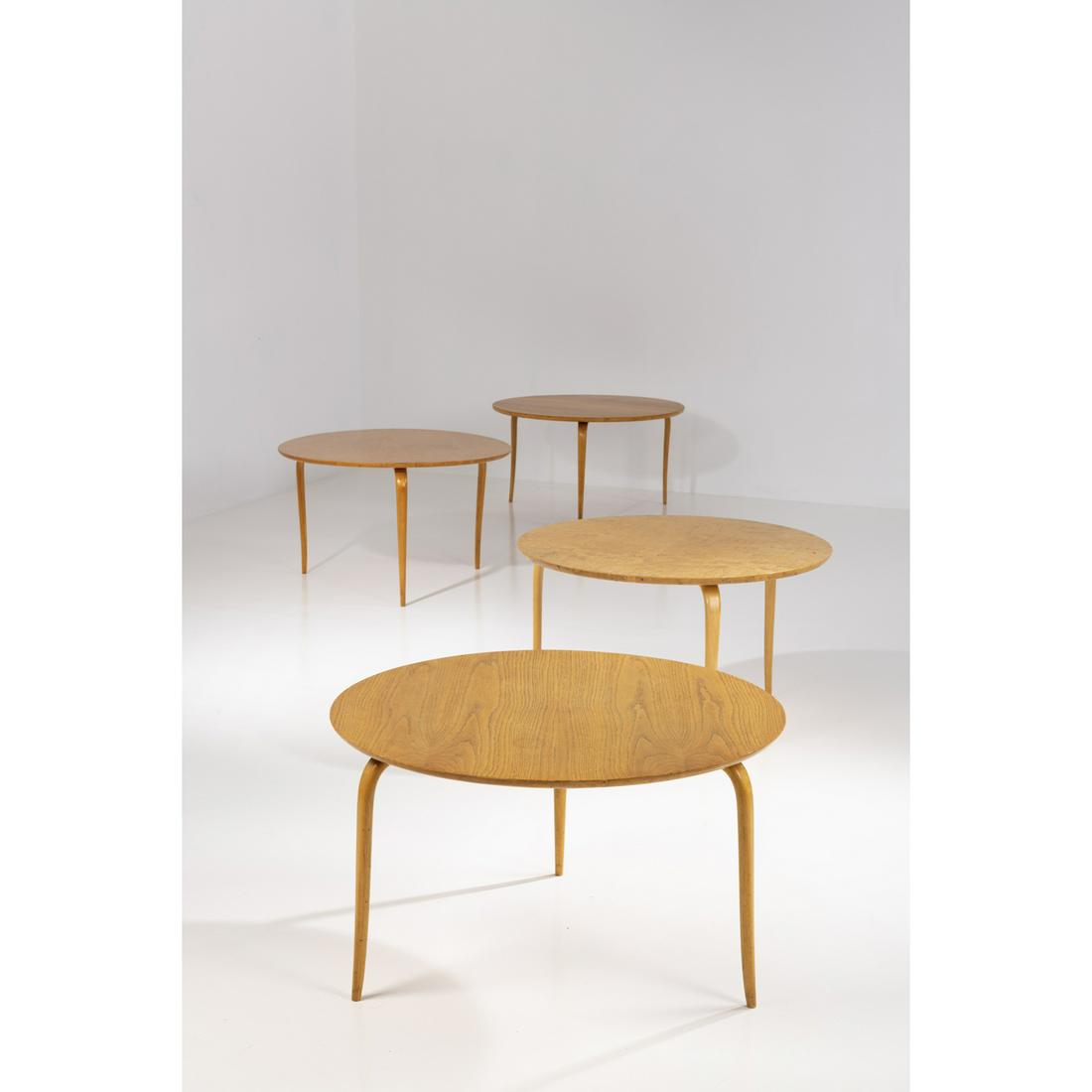 Bruno Mathsson (1907-1988) Set of four coffee tables: Bruno Mathsson (1907-1988)Set of four coffee tablesMaple burl and beechwood veneerEdited by Firma Karl MathssonHotstamped 'Bruno Mathsson' and 'Firma Karl Mathsson' stampModel created circa 1942H 50 &