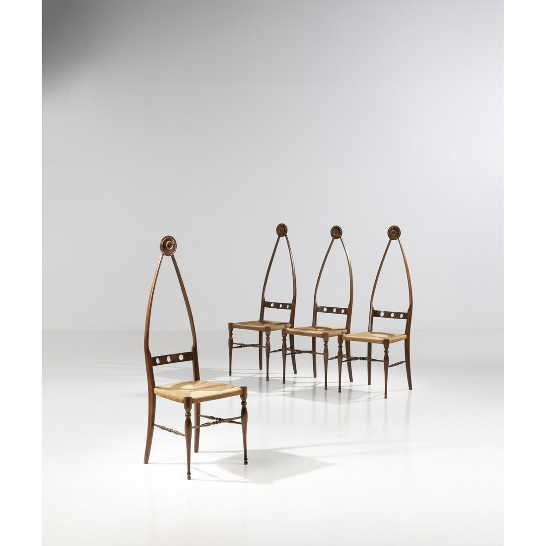 Pozzi and Verga (20th c.) Set of four chairs: Pozzi and Verga (20th c.)Set of four chairsWalnut and ropeEdited by Pozzi & VergaModel created circa 1950H 125×L 43×P 43 cm