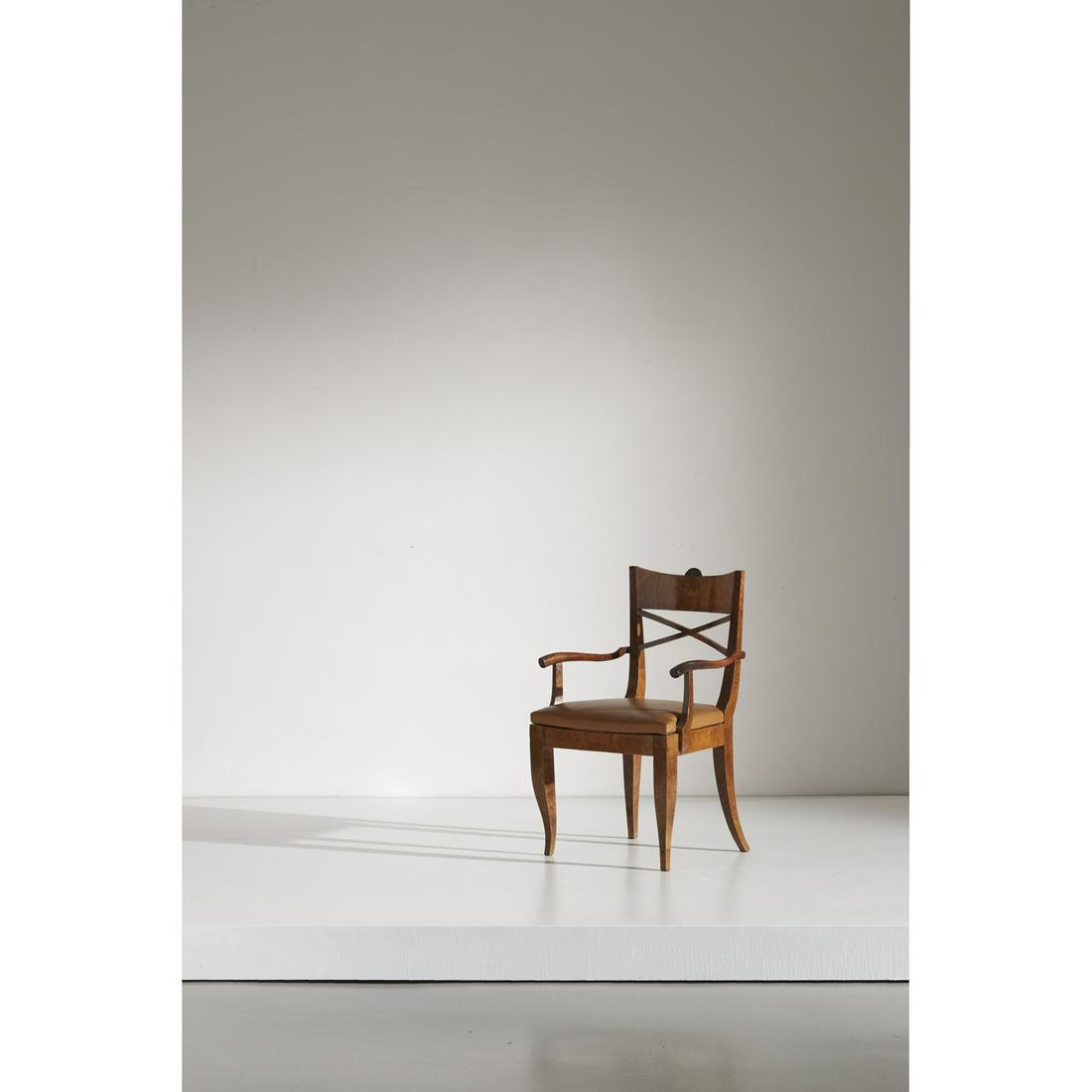 Gio Ponti (1891-1979) Armchair: Gio Ponti (1891-1979)ArmchairWalnut burl, fruit tree wood, brass and fabricEdited by Giordano ChiesaModel created circa 1933H 90×L 54×P 50 cmBibliography:- U. la Pietra, Gio Ponti, Ed. Rizzo