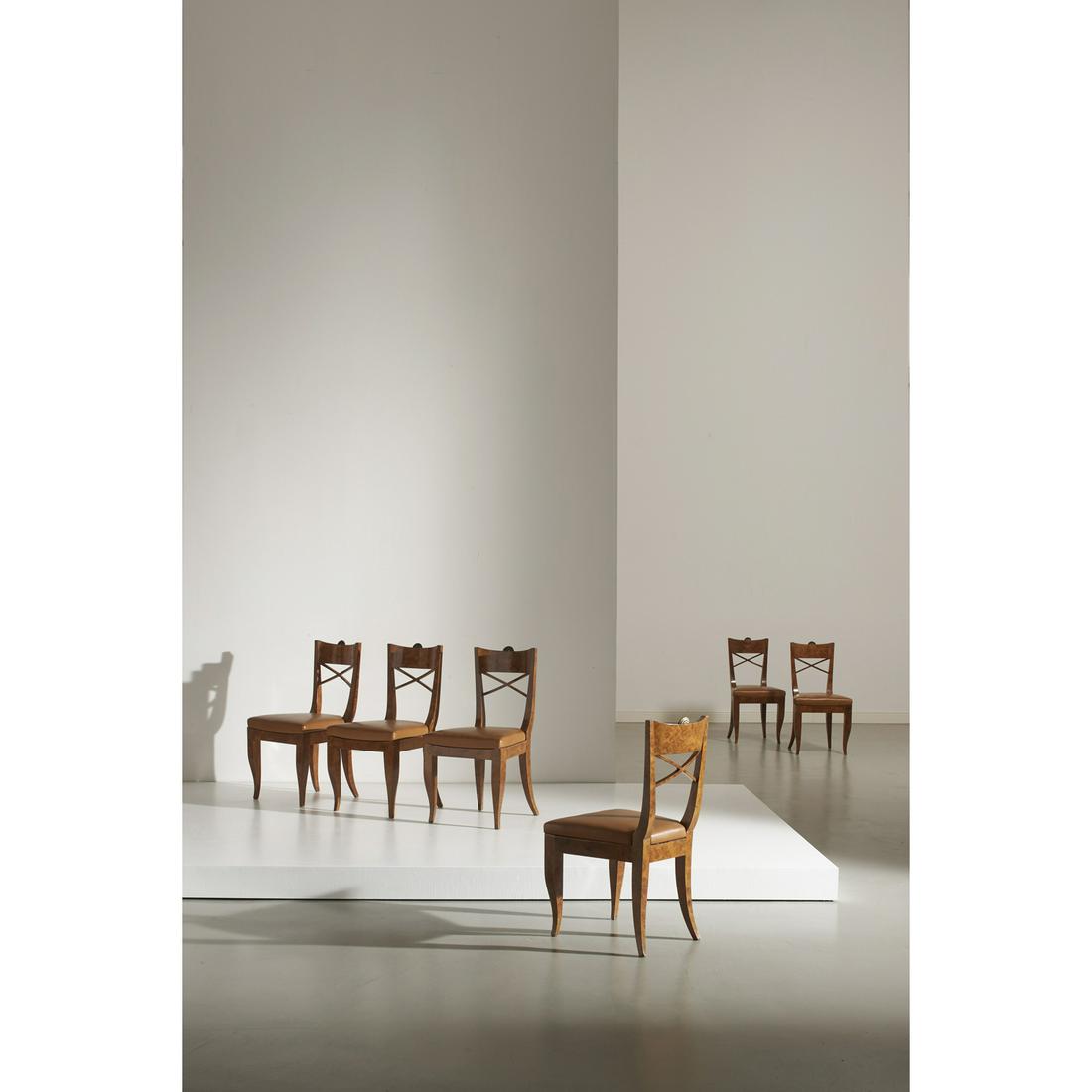 Gio Ponti (1891-1979) Set of six chairs: Gio Ponti (1891-1979)Set of six chairsWalnut burl, fruit tree wood, brass and fabricEdited by Giordano ChiesaModel created circa 1933H 90,5×L 46,5×P 50 cmBibliography:- U. la Pietra, Gio Pon