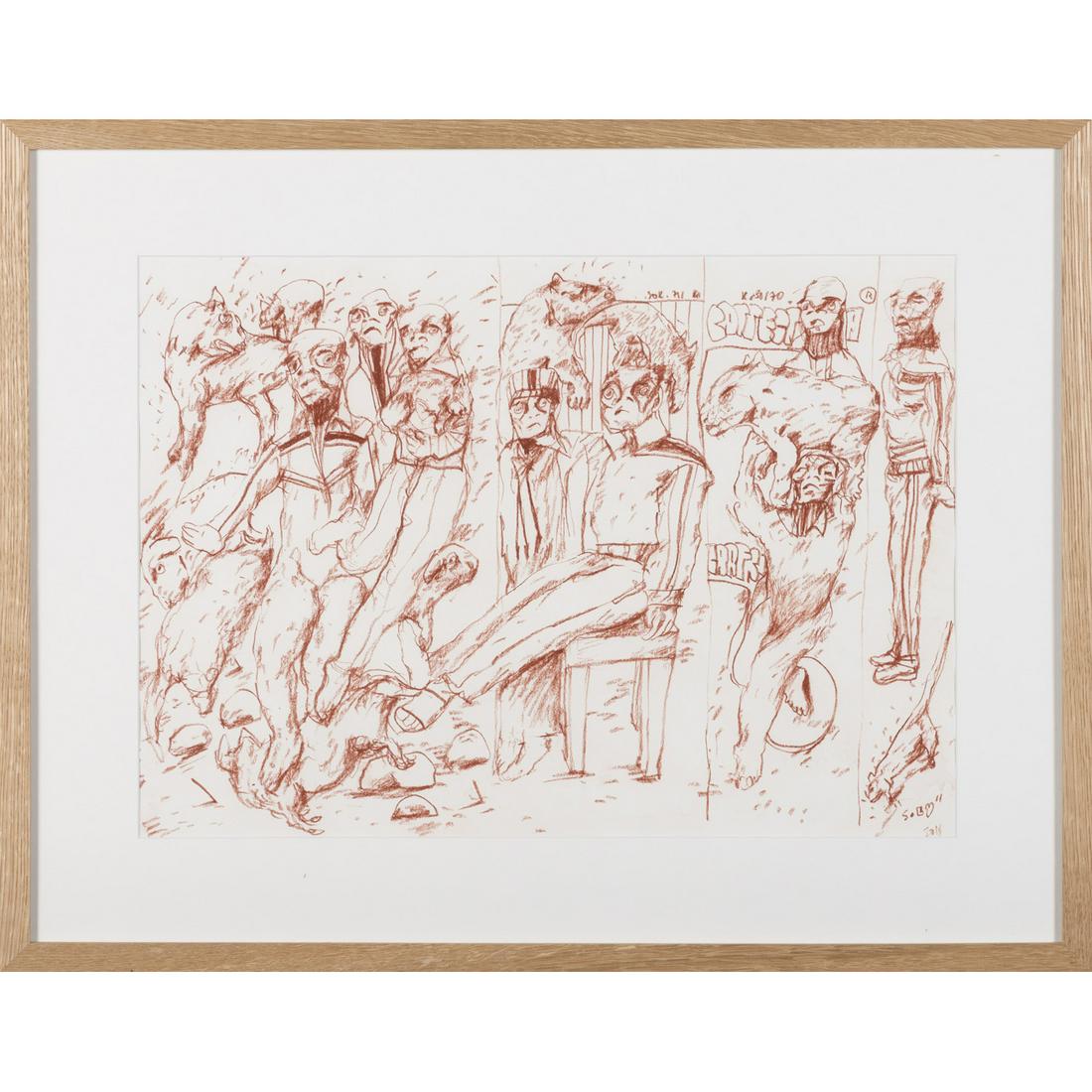 * Soly Cissé (born 1969, Senegal) Crise Humaine,: * Soly Cissé (born 1969, Senegal)Crise Humaine, 2011Sanguine on paperSigned and dated "SOLY 2011" on the bottom right37,5 × 52 cm