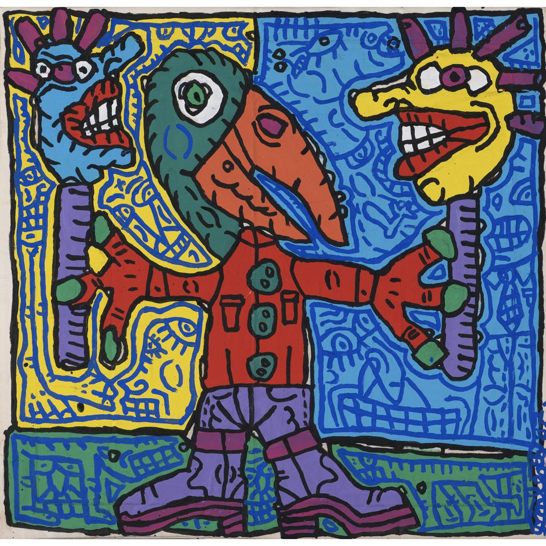 Robert Combas (born 1957) Pabeuf l'oiseau et ses deux: Robert Combas (born 1957)Pabeuf l'oiseau et ses deux marottes de discussion, 1987Acrylic on sheet mounted on canvasSigned and dated on the bottom right71,5 x 73 cmProvenance: Private collection, Paris