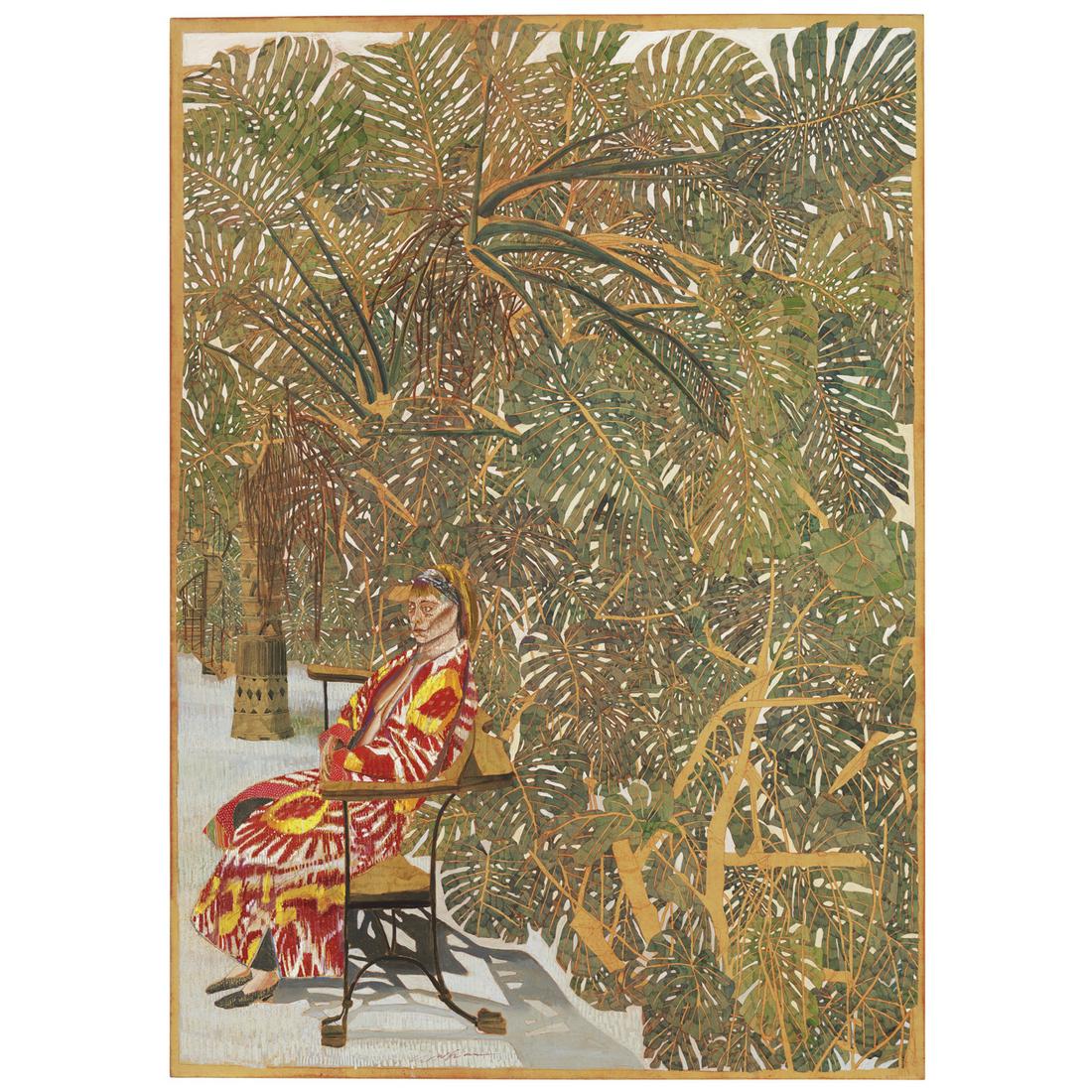 ƒ Sam Szafran (1934-2019) Lilette parmi les: Æ’ Sam Szafran (1934-2019)Lilette parmi les philodendrons, 2009Watercolor and oil pastel on silk mounted on panelSigned on the bottom left140 x 100 cmProvenance:- Purchased from the artist in 2010-