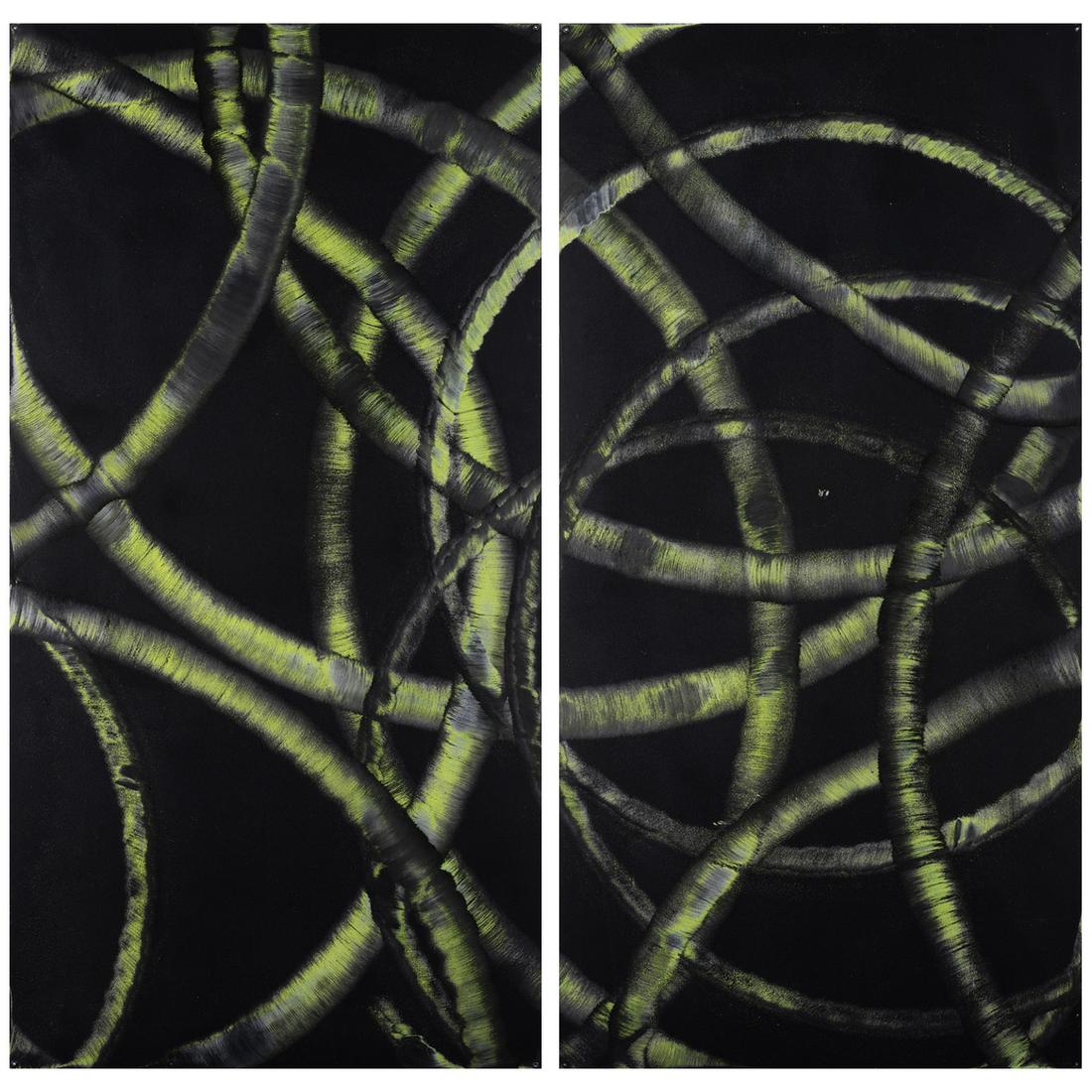 Aaron Young (born 1972) Untitled, (diptych), 2008: Aaron Young (born 1972)Untitled, (diptych), 2008Acrylic and burnt rubber on aluminum panel 244 x 122 cmProvenance- Galerie Bortolomi, New York- Purchased from the latter by the current owner- Private