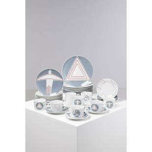 David Tremlett (born 1945) Artic circle - 1982: David Tremlett (born 1945)Artic circle - 1982Set of 32 Winterling porcelain serving pieces8 dinner plates, 8 dessert plates, 8 teacups and 8 saucersEach piece signed on the back "David Tremlett" and d