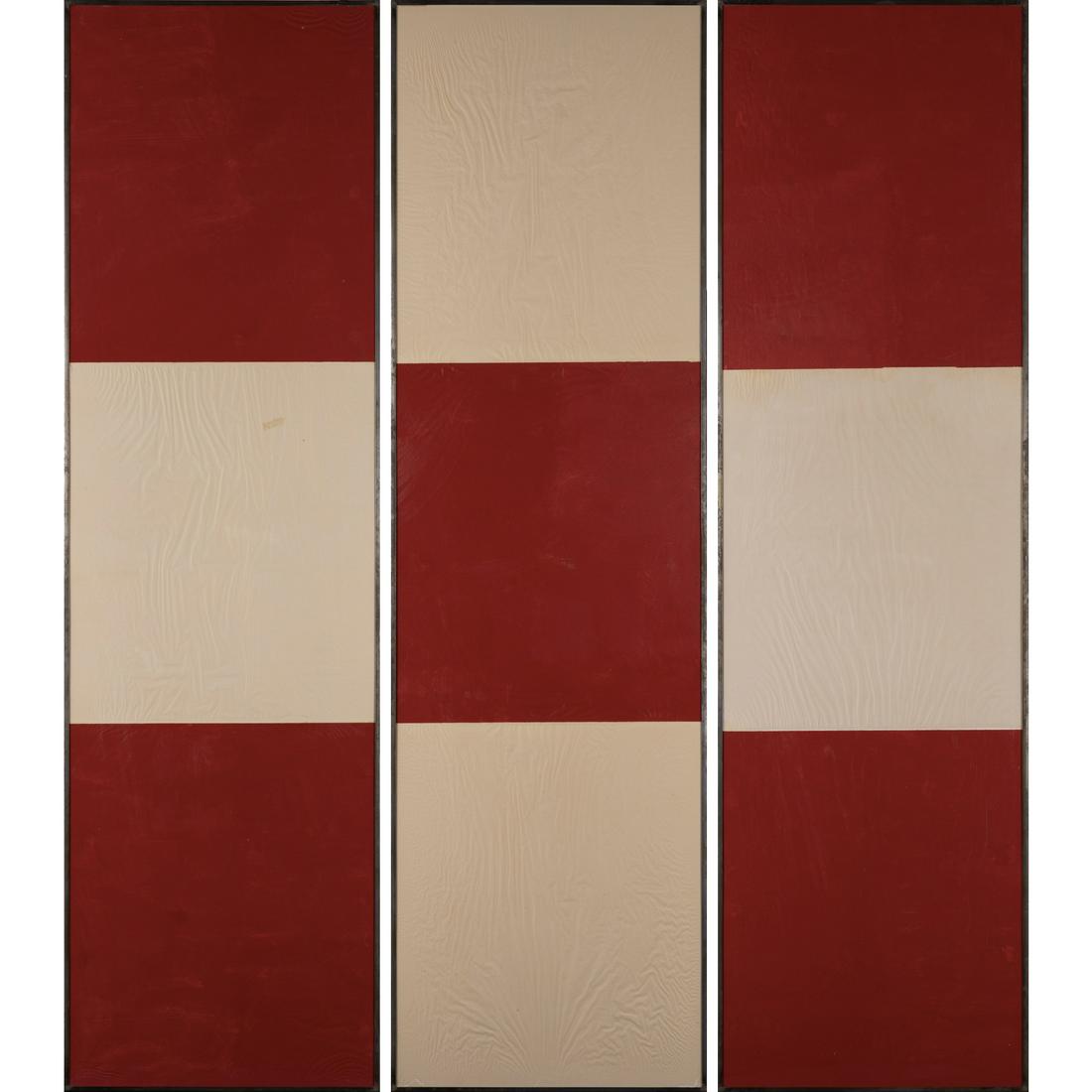 Jean-Pierre Bertrand (1937-2016) Rouge-Blanc-Rouge: Jean-Pierre Bertrand (1937-2016)Rouge-Blanc-Rouge (Triptyque), 1988Acrylic, collage and salt on paper, Plexiglas and corner iron282 x 82,5 x 2,5 cm (each)Provenance:- Galerie de France, Paris- Purchas