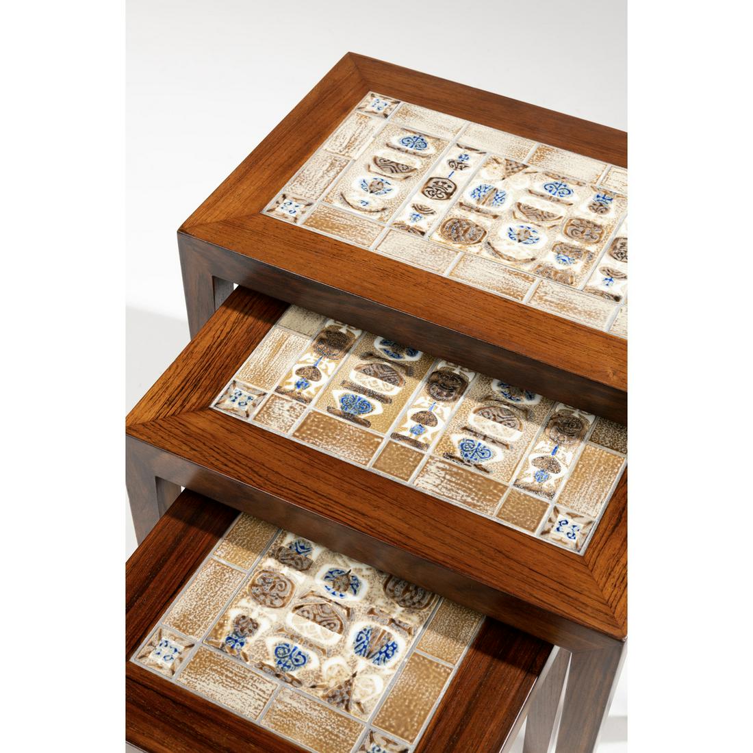 Severin Hansen Jr. (1887-1964) & Nils Thorsson: Severin Hansen Jr. (1887-1964) & Nils Thorsson (1898-1975) Model n°163Set of three nesting tablesWood and 'Tenera' enameled porcelainRoyal Copenhagen and Haslev Møbelsnedkeri editionManufact