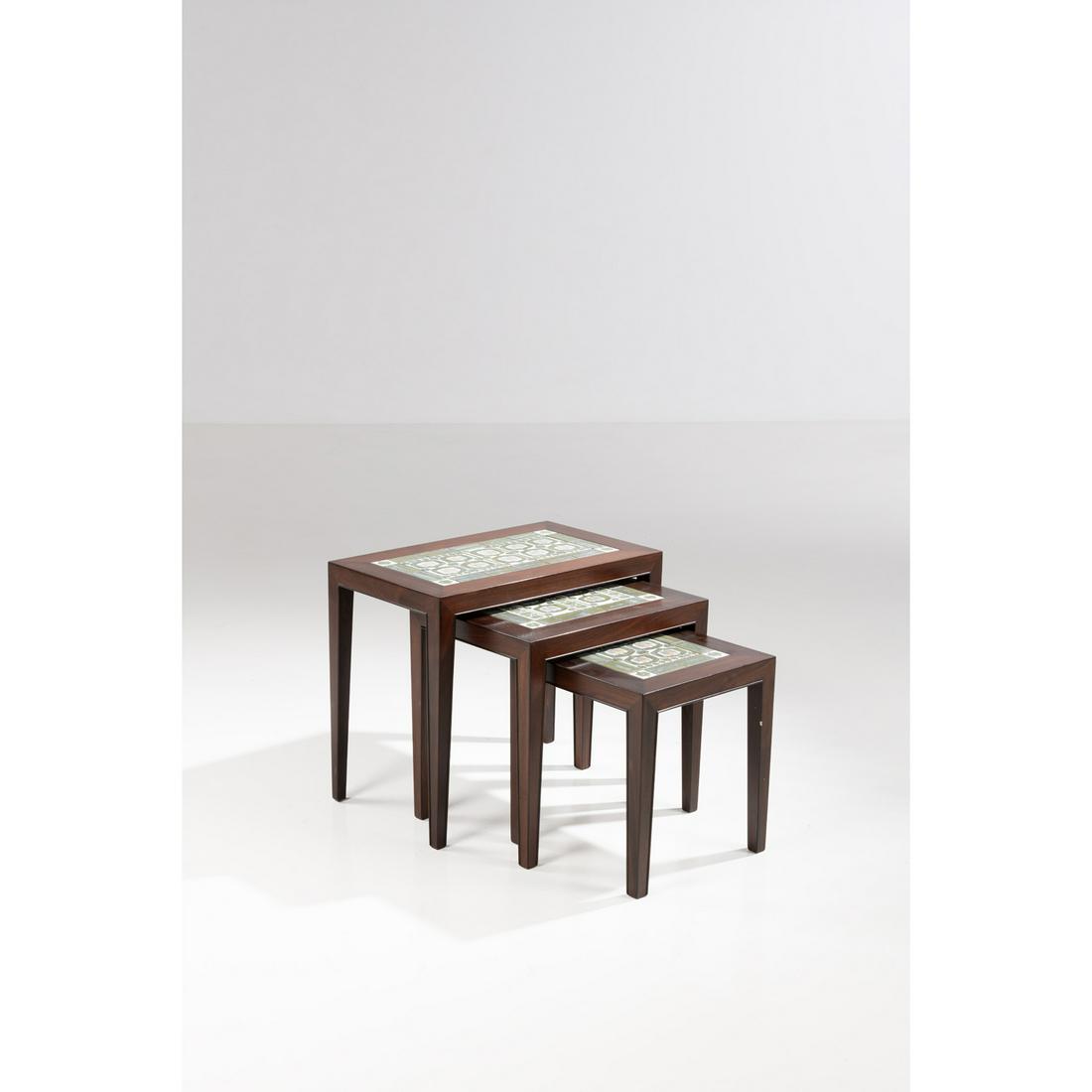Severin Hansen Jr. (1887-1964) & Nils Thorsson: Severin Hansen Jr. (1887-1964) & Nils Thorsson (1898-1975) Model n°163Set of three nesting tablesWood and 'Tenera' enameled porcelain Royal Copenhagen and Haslev Møbelsnedkeri editionHotstam