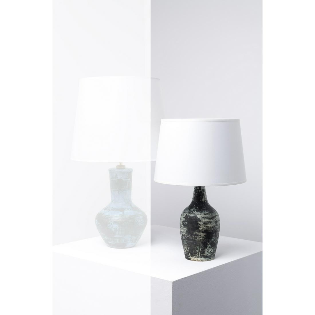 Jacques Blin (1920-1995) Lamp: Jacques Blin (1920-1995)LampGlazed ceramicIncised signature, 'JBlin' on the backModel created circa 1955Lamp foot: H 30 × Ø 14 cmLampshade: H 20 × Ø 30 cm