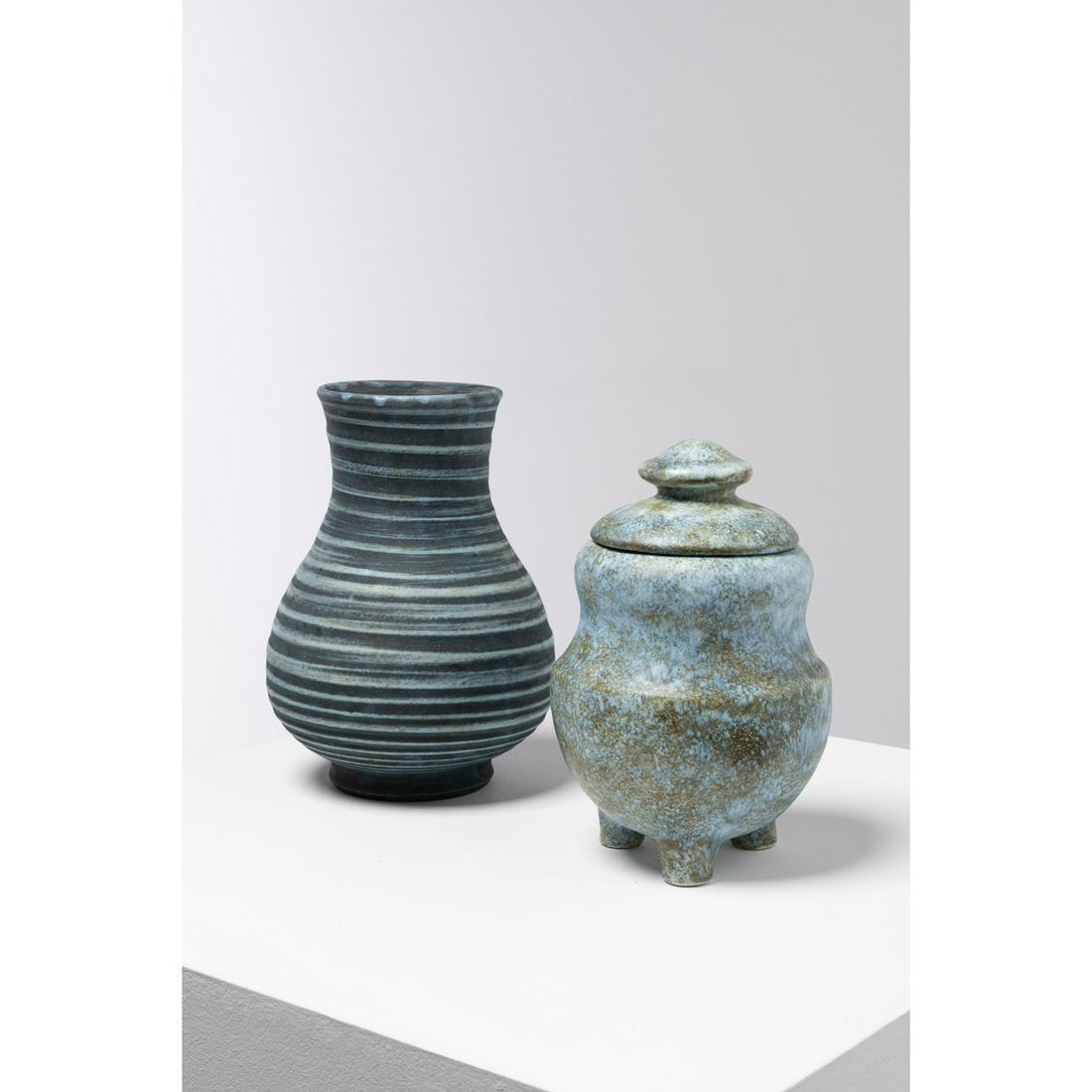 Accolay (1945-1992) "Gauloise" series: Accolay (1945-1992)"Gauloise" seriesLarge vase Glazed stonewareSigned and numbered "22" beneath the baseH: 26 cmAlso included is a covered jar in the style of Les 2 potiersGlazed ceramicUnsignedH: 25