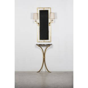 Robert Thibier (1926-2001) Set: console, mirror and two: Robert Thibier (1926-2001)Set: console, mirror and two sconcesMetal and golden brass, marbleCirca 1970H: 188 - L: 60 - W: 23 cm