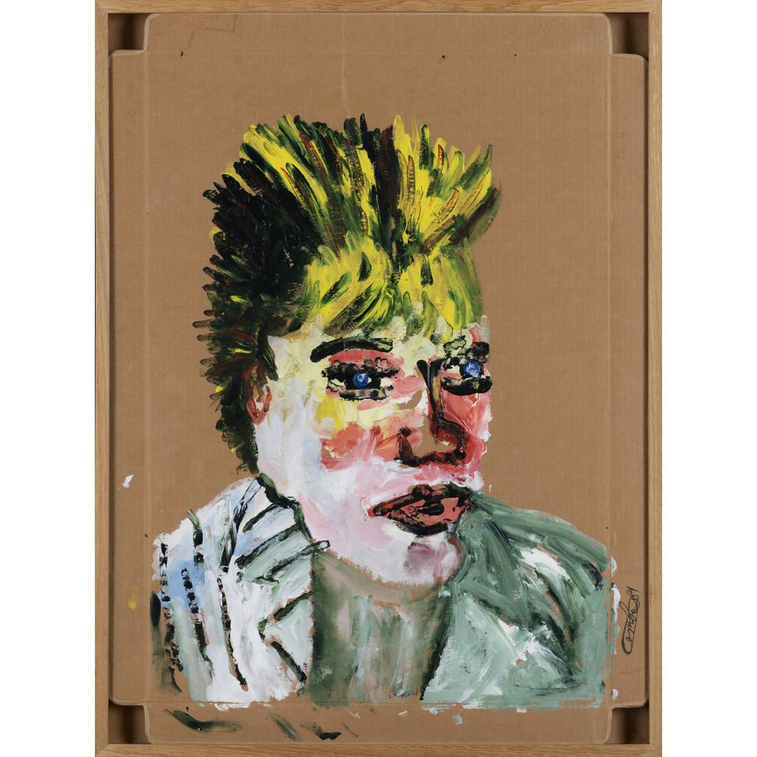 Robert Combas (born 1957) Portrait de Ketty avec cheveux relevés à la barrette, 1981: Robert Combas (born 1957)Portrait de Ketty avec cheveux relevÃ©s Ã la barrette, 1981Acrylic on cardboard mounted on canvasSigned and dated on the side on the bottom right74 x 55 cmProvenance :- A