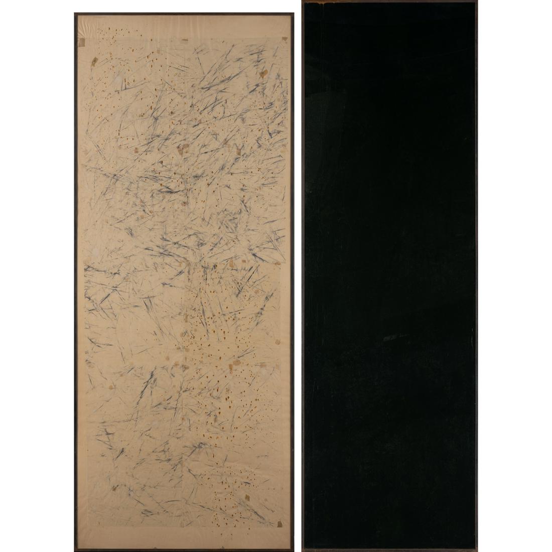 Jean-Pierre Bertrand (1937-2016) Sans titre, (diptyque) 1983 Mixed media on paper, Plexiglas and: Jean-Pierre Bertrand (1937-2016)Sans titre, (diptyque) 1983Mixed media on paper, Plexiglas and metal angle ironSigned and dated on the reversePanel B: 245 x 101 x 2 cmPanel A: 257 x 82 x 2 cmProvenanc