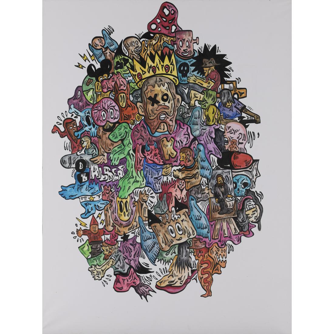 Fabien Verschaere (born 1975) King Xoxo, 2011 Watercolor, colored markers and Indian ink on canvas: Fabien Verschaere (born 1975)King Xoxo, 2011Watercolor, colored markers and Indian ink on canvasSigned, dated and titled on back130 x 96,5 cmProvenance:- Acquired directly from the artist by the curre