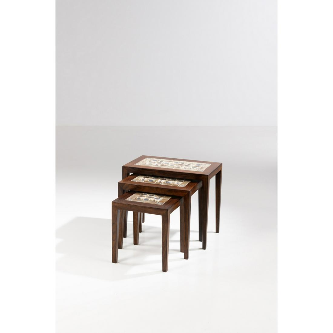 Severin Hansen Jr. (1887-1964) & Nils Thorsson (1898-1975) Model n°163: Severin Hansen Jr. (1887-1964) & Nils Thorsson (1898-1975) Model nÂ°163Set of three nesting tablesWood and 'Tenera' enameled porcelainRoyal Copenhagen and Haslev MÃ¸belsnedkeri editionManufacturer