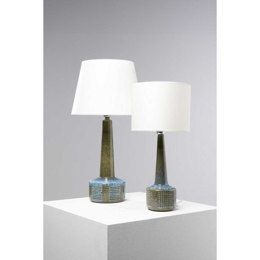 Per Linnemann-Schmidt (1912-1999) Model DL35 and DL26: Per Linnemann-Schmidt (1912-1999)Model DL35 and DL26Set of two table lamps Glazed ceramic and fabricPalshus editionMonogrammed and incised 'PALSHUS DL 35 DENMARK' on one and 'PALSHUS DL 26 DENMARK' on