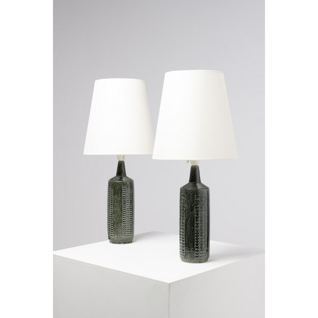 Per-Linnemann Schmidt (1912-1999) Model DL27: Per-Linnemann Schmidt (1912-1999) Model DL27 Pair of table lamps Glazed ceramic and fabric Palshus edition Monogrammed and incised 'Palshus DENMARK DL 27' Model created circa 1960 Lamp body: H 33 x D