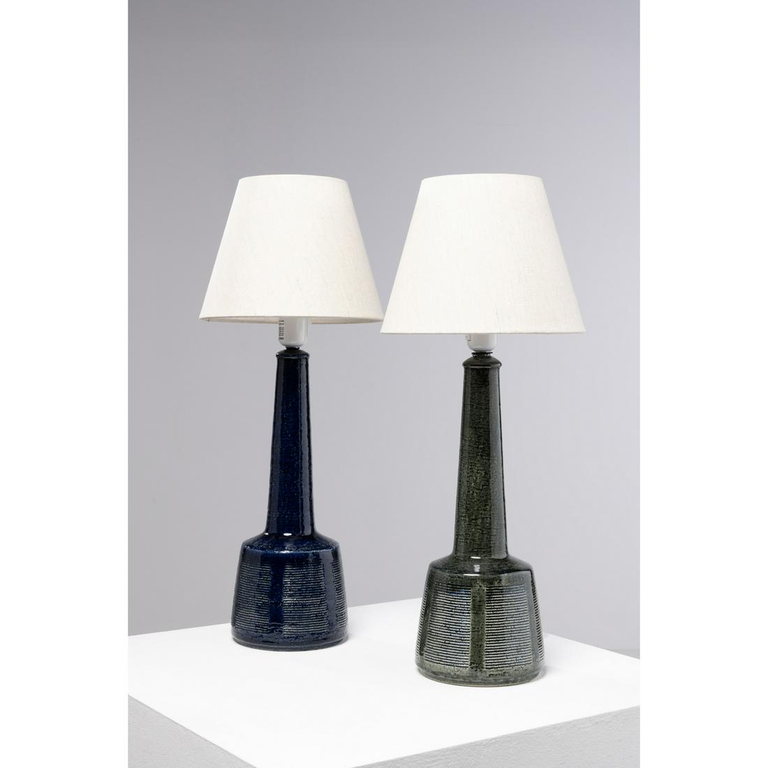 Esben Bredsdorff Klint (1915-1969) Model DL332: Esben Bredsdorff Klint (1915-1969)Model DL332Pair of table lampsGlazed ceramic and fabricPalshus editionSigned 'E.K' and incised 'PALSHUS DENMARK DL 332 LE KLINT'Model created circa 1960Lamp bodies: H