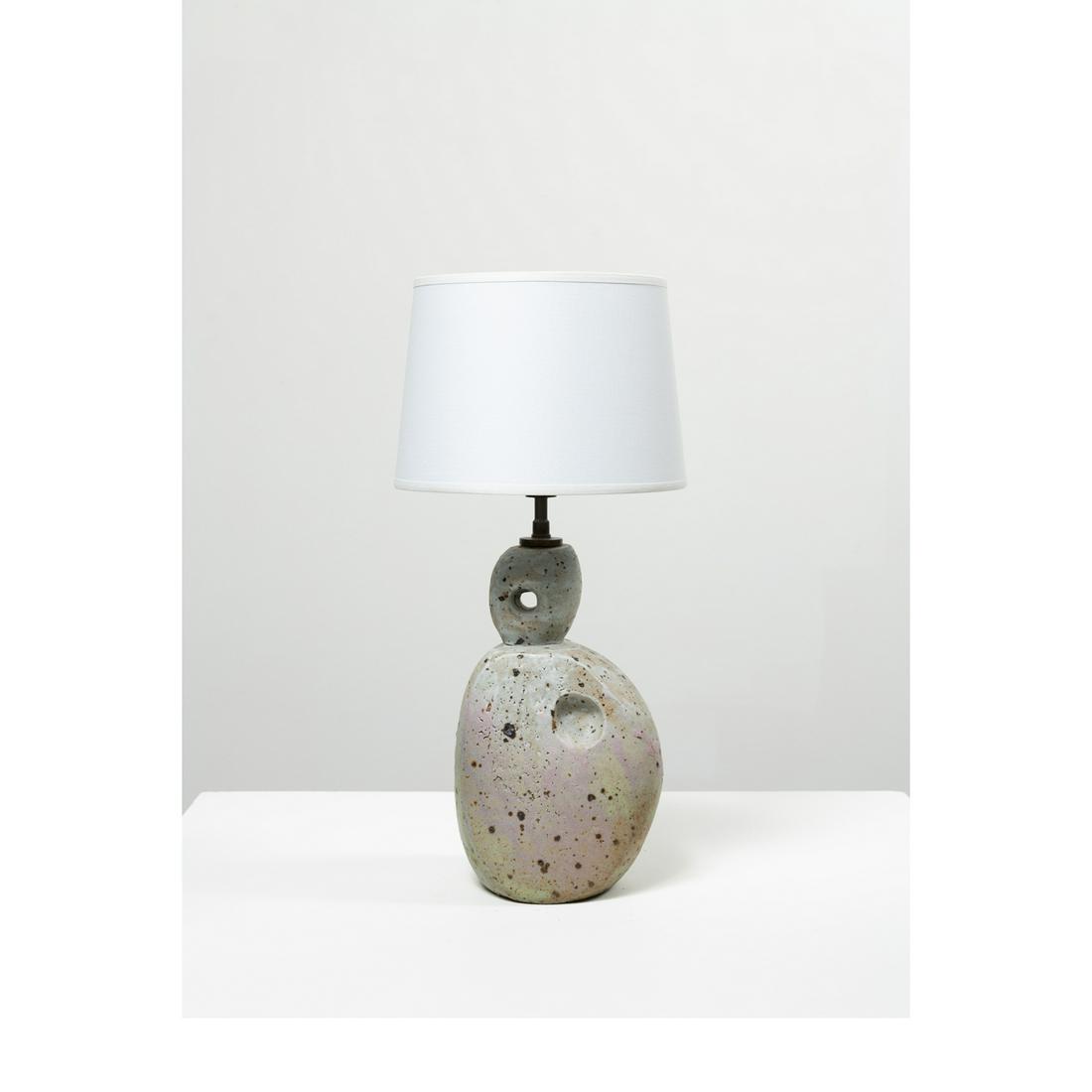 Jean Lerat (1913-1992) & Jacqueline Lerat (1920-2009) Lamp Glazed stoneware and fabric Signed: Jean Lerat (1913-1992) & Jacqueline Lerat (1920-2009)LampGlazed stoneware and fabricSigned 'LERAT' on the bodyModel created circa 1950Lamp body: H 24×L 13×W 11 cm;Lampshade: H 14×Ø