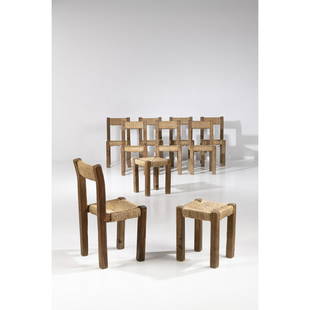 French production Set of eight chairs and two stools: French productionSet of eight chairs and two stoolsOak wood and straw seatingModel created circa 1950Stool: H 46 x L 38 x W 38 cm Chair: H 85 x L 42 x W 42 cmProvenance: former property of Francois