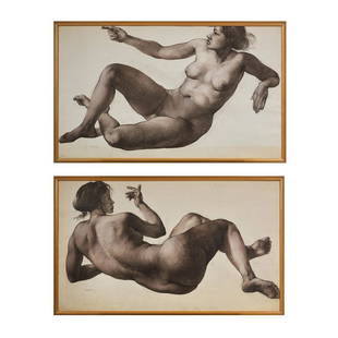 Michael DORE (1922-) Two female nudes: Michael DORE (1922-)Two female nudesPair of charcoal drawingsSigned ?Michael Dore? on the bottom left 94,5 x 150 cmProvenance: former property of Francois Catroux