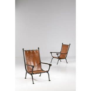 André ARBUS (1903-1969) Pair of armchairs: André ARBUS (1903-1969)Pair of armchairsPatinated bronze and leatherSigned A. ARBUS on the crosspiece Blanchet foundry’s stamp Numbered 8A and 8B out of 25Post-mortem castModel created