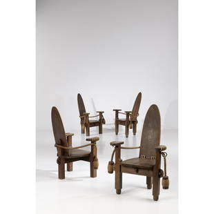 Set of four armchairs Oak wood, rope and metal: Set of four armchairsOak wood, rope and metalModel created circa 1950 French productionSouthern FranceH 119 x L 78 x W 64 cmProvenance: former property of François Catroux