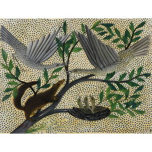 Pilipili Mulongoy (1914-2007, Congo) Untitled (Protecting the nest): Pilipili Mulongoy (1914-2007, Congo)Untitled (Protecting the nest)Oil on canvas mounted on panelSigned "PILI PILI" on the lower left corner53 x 71 cmProvenance:Acquired in Congo before 1960By