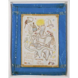 Frédéric Bruly Bouabré (1923-2014, Côte d'Ivoire) Homme sur Terre (Man's Journey: Frédéric Bruly Bouabré (1923-2014, Côte d'Ivoire)Homme sur Terre (Man's Journey on Earth), 1983Ballpoint pen, marker and coloured pencil on paper, in a plastic frame by the